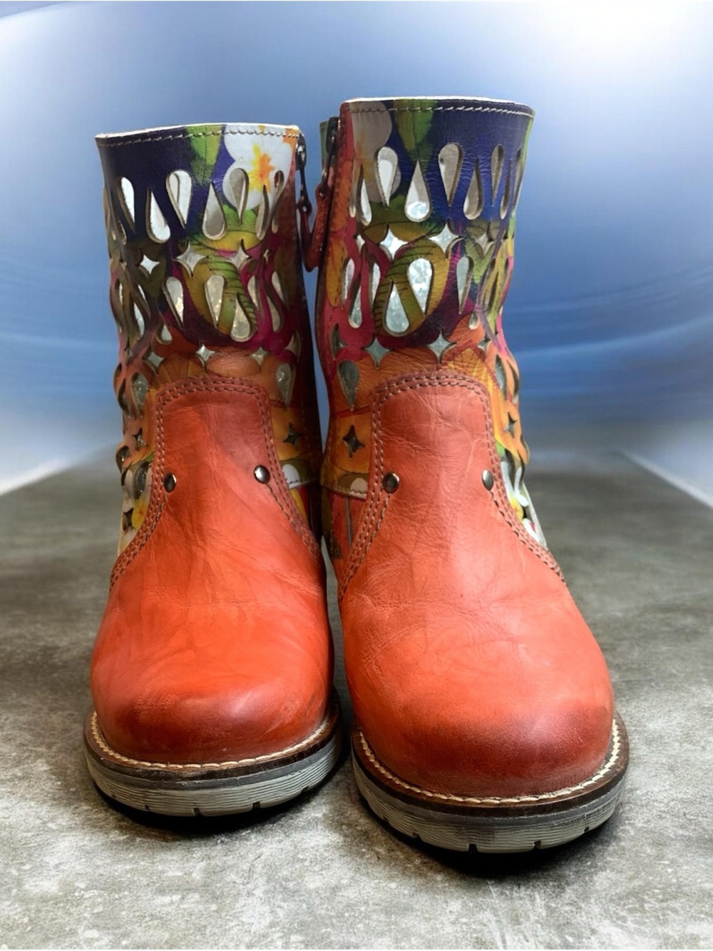 Women's Orange Floral Cutout Ankle Boots